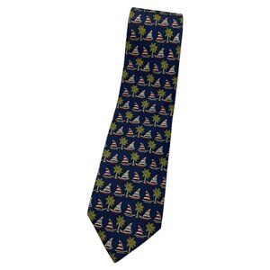 SALVATORE FERRAGAMO Men's Silk Necktie LUXURY Blue Sailboat Palm W:3.7" EUC